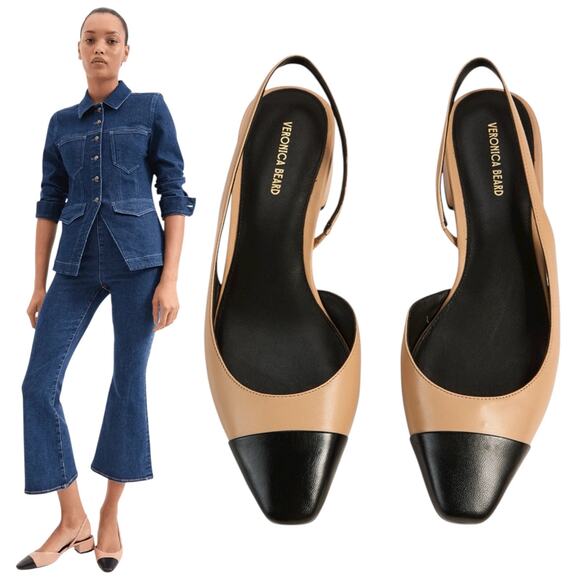 Veronica Beard Cecile Leather Cap Toe Slingback Pump Black Tan Size 8M